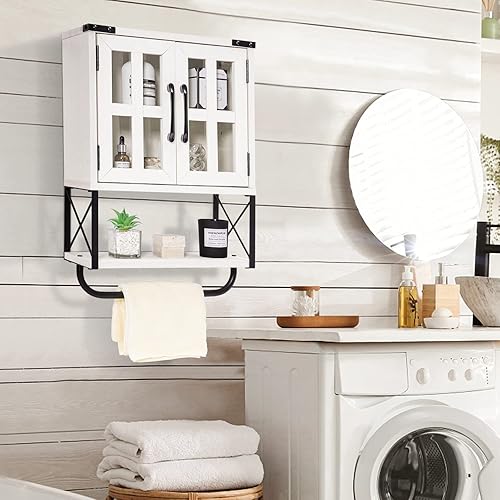 Miniatura 8 de RUSTOWN Botiquín de granja con puertas cruzadas de cristal, gabinete de almacenamiento de pared de madera, armario de baño rústico de 3 niveles con