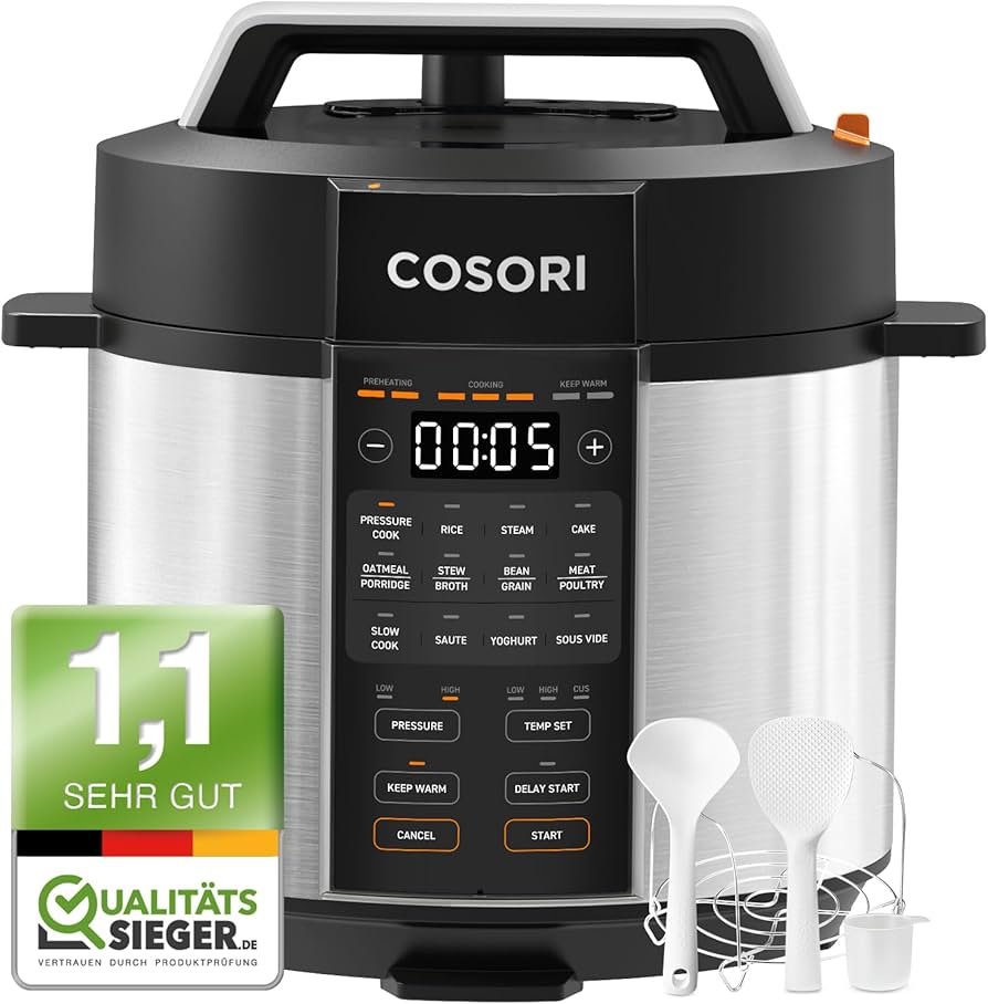 COSORI Snelkookpan, 9-in-1, Multikoker Met 14 Functies, 5,7 L Pressure Cooker Rijstkoker Stoompan Yoghurtmaker Slowcooker En Sous Vide Sauteerpan Receptenboek Roestvrij Staal