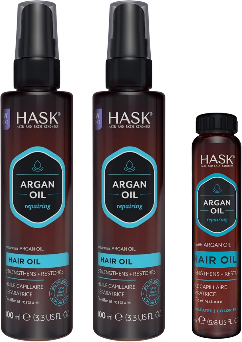 HASK Repair Aceite de Argán Brillo Aceite para el Cabello, Paquete de 3 | Aceite capilar con aceite de argán, para cabello encrespado y opaco, restaura el brillo y suaviza, con aceite de semilla de uva, sin sulfatos, no daña el color
