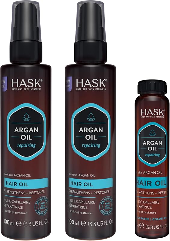 HASK Repair Aceite de Argán Brillo Aceite para el Cabello, Paquete de 3 | Aceite capilar con aceite de argán, para cabello encrespado y opaco, restaura el brillo y suaviza, con aceite de semilla de uva, sin sulfatos, no daña el color