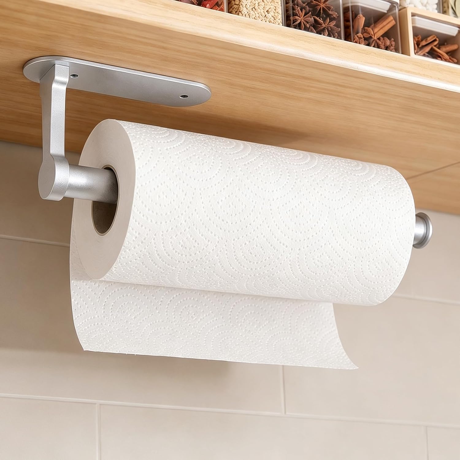 MONEER Paper Towel Holder Under Cabinet, Self-Adhesive Kitchen Towel Holders Wall Mount, Aluminum Alloy Paper Towel Roll Rack for Kitchen, Bathroom, Living Room, RV, Garage (Silver)