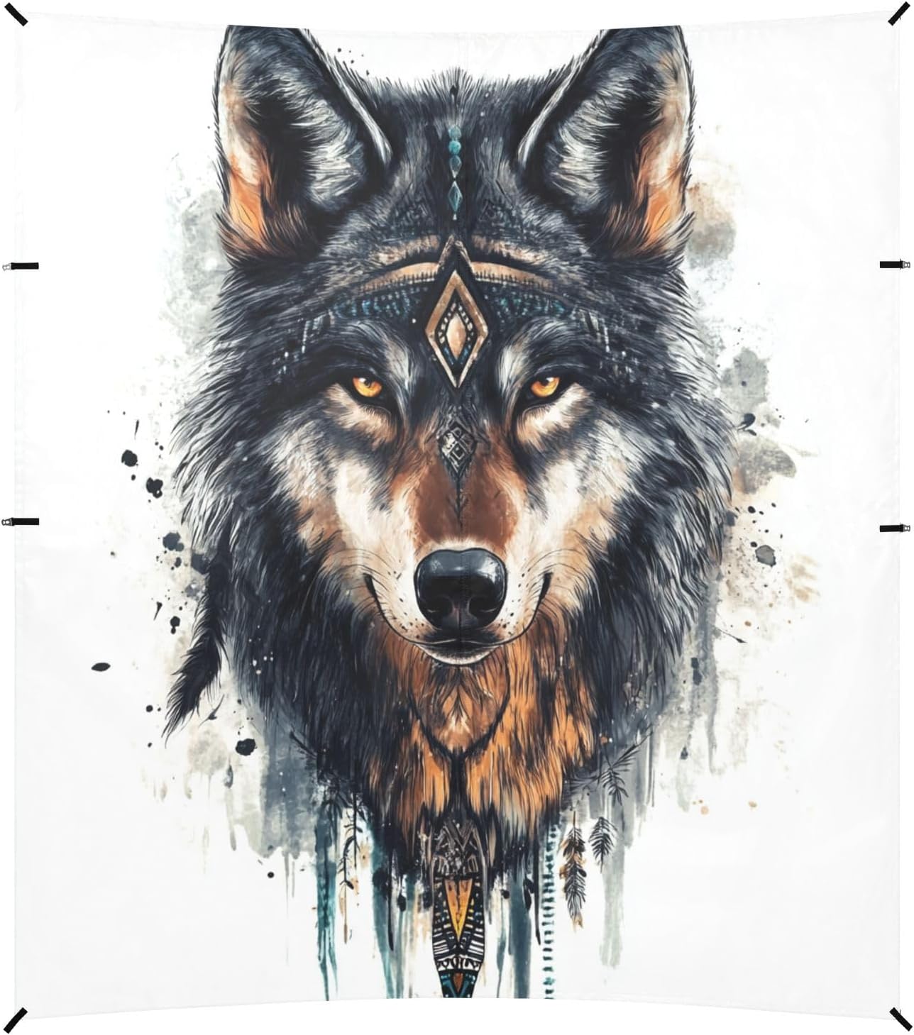 ALAZA Boho Wolf Ethnic Beach Tent Sun Shelter UPF50+ Protection Beach Shade Canopy w/ 4 Sandbags for Outdoor Camping, Fishing, Backyard Fun, Picnic, 10x9 ft