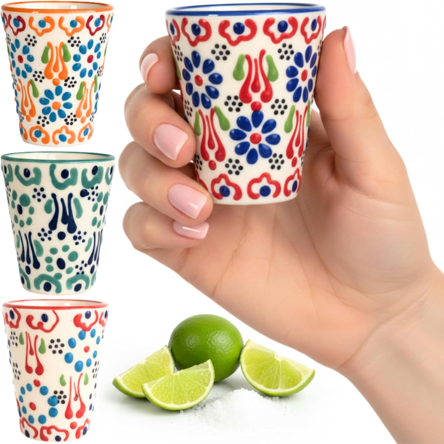 BCS Ceramic Shot Glasses Set of 4 - Tequila Gifts - Hand Painted Colorful Mexican Talavera Style Pottery - Handmade Unique Shotglasses for Mezcal Tasting - Decorative Glasses for Women & Men (2 Oz)