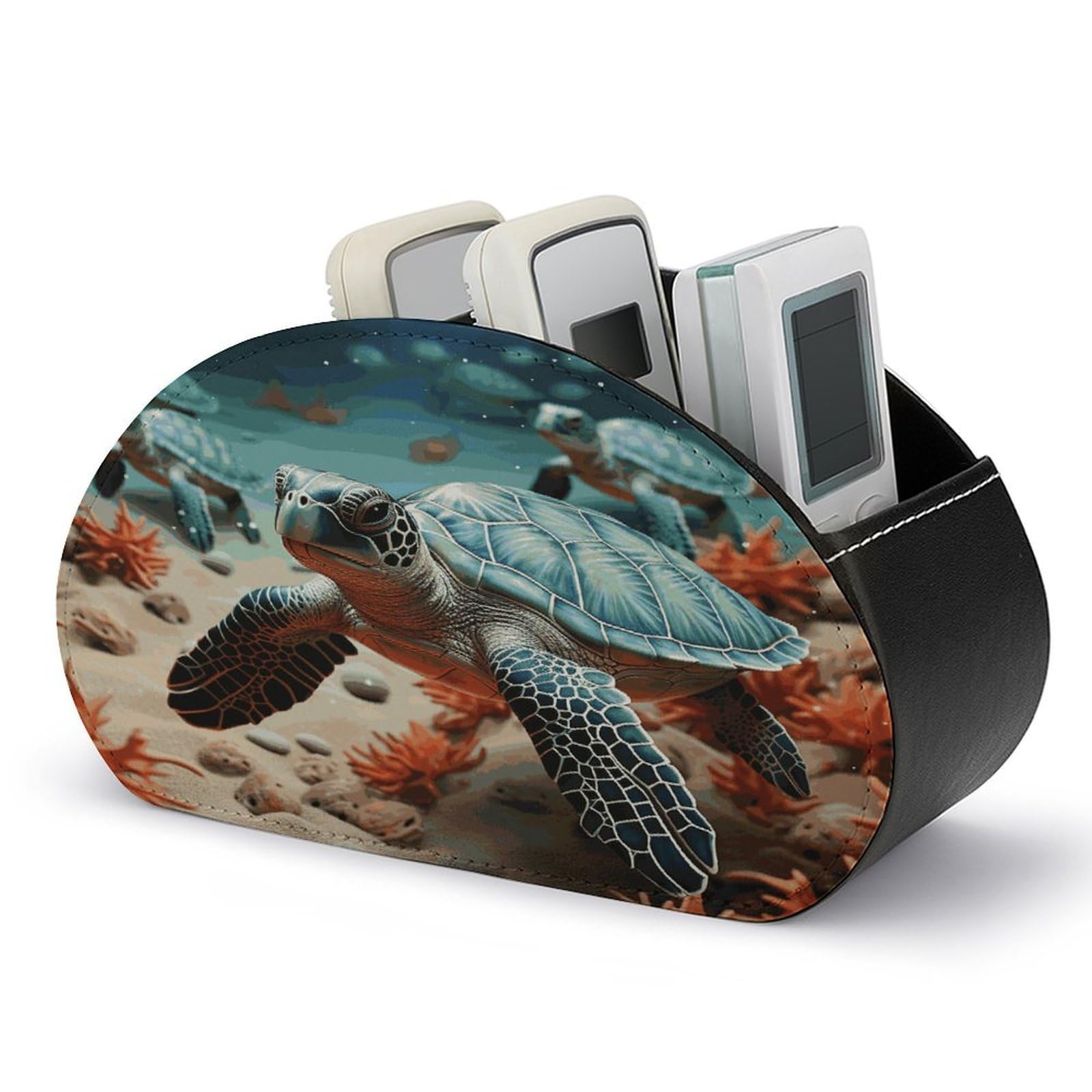FekiLoot Turtle Starfish Remote Control Holder, PU Leather Remote Control Organizer Box Stationery Remote Control Box Desk Storage Organizer for DVDs,Glasses,Pens,Media Players