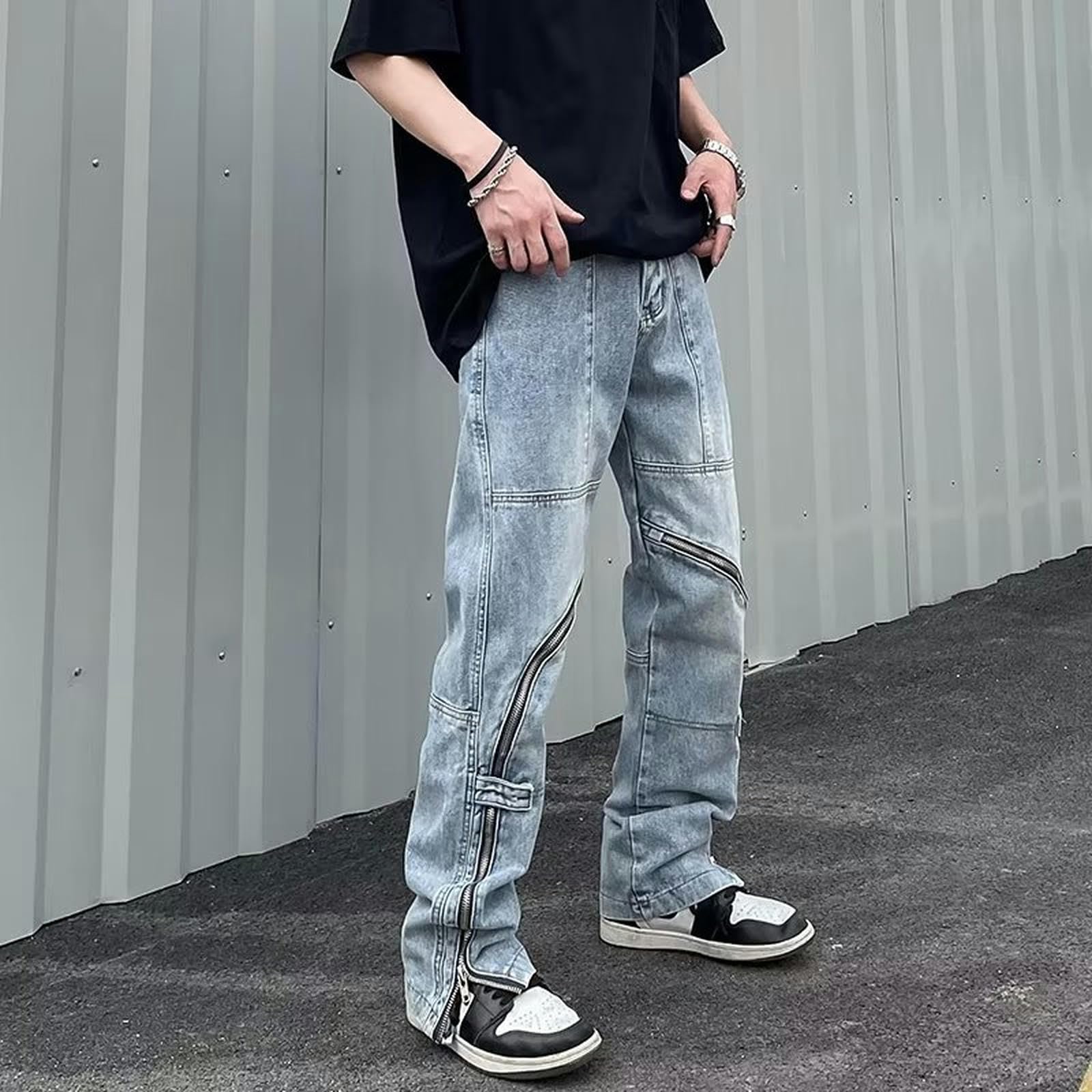 Jeans Neri Svasati Larghi con Cerniera, Pantaloni Unisex - Nero - XXL
