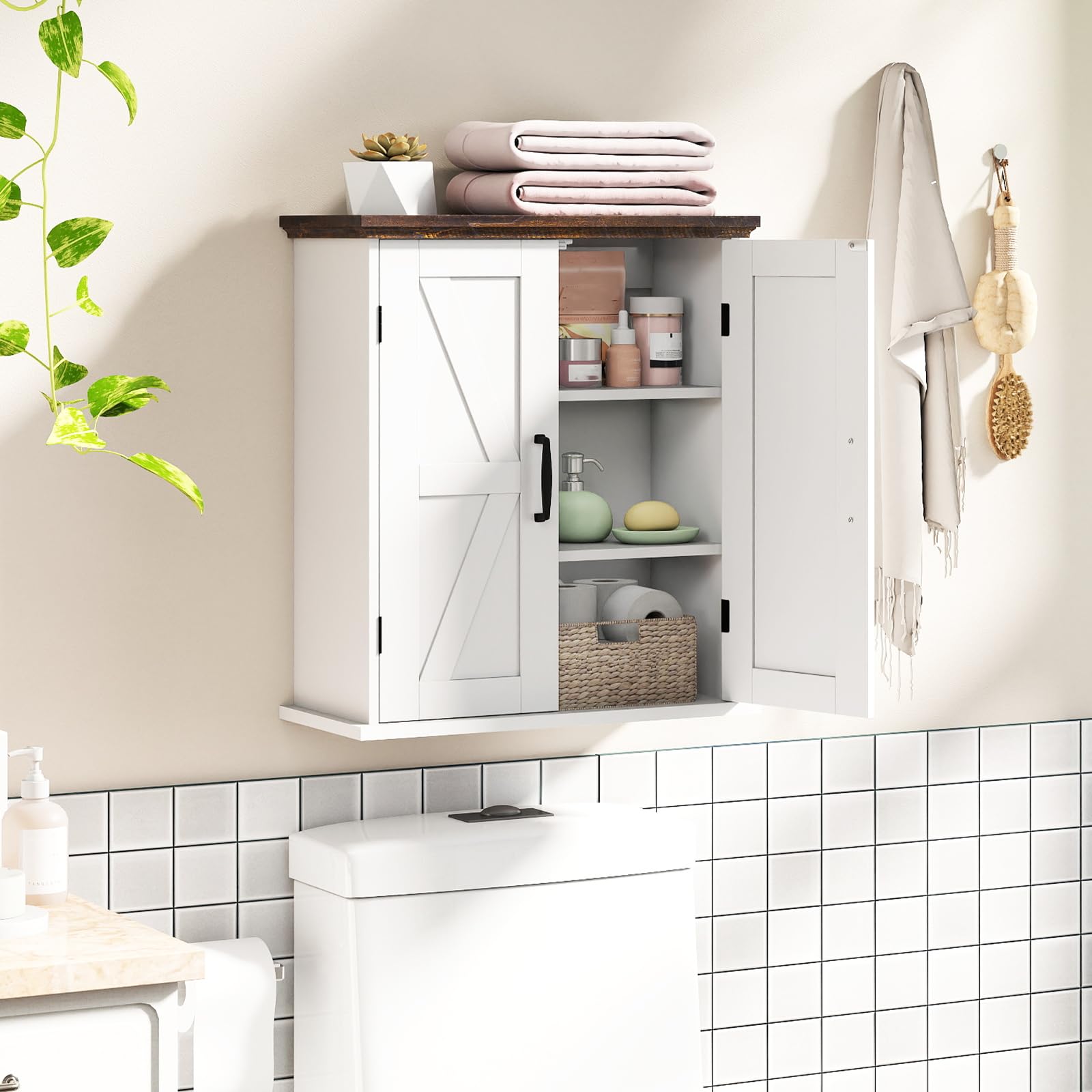 Giantex Armadietto pensile da parete con 2 ripiani regolabili e 2 ante, in stile rustico, salvaspazio per bagno, cucina e soggiorno, 53,5 x 22,5 x 60 cm