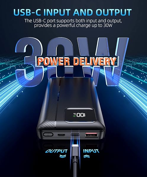 QiSa Power-Bank-Portable-Charger - 16000mAh Power Bank Support PD 30W and QC4.0 Fast Charger wiht Built-in 2 Output Cable and LED Display for iPhone and Android Phones and Most Electronic Devices in use