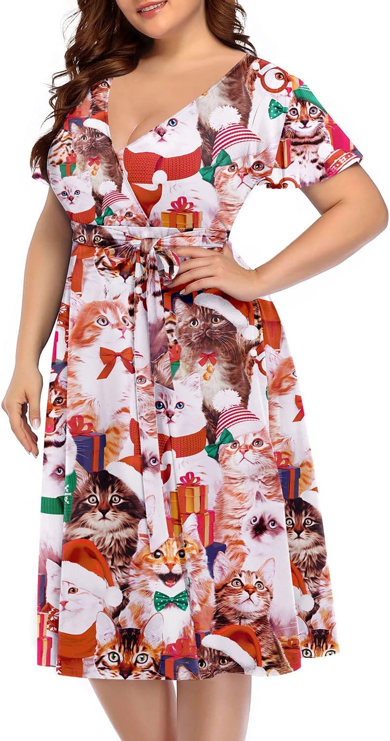 Pinup Fashion Women Plus Size Christmas Dress — Ugly Xmas Print Holiday Funny 2024 Wrap V-Neck Fall Midi Dresses - Image 3