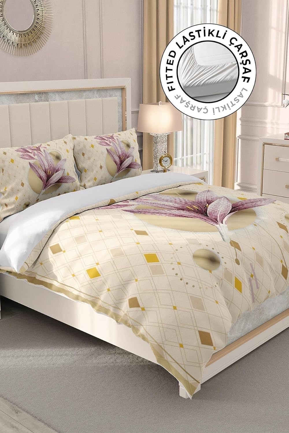 MONOHOME%100 Pamuk Saten Çift Kişilik Nevresim Takımı Pembe Zambak, MONOHOME33002