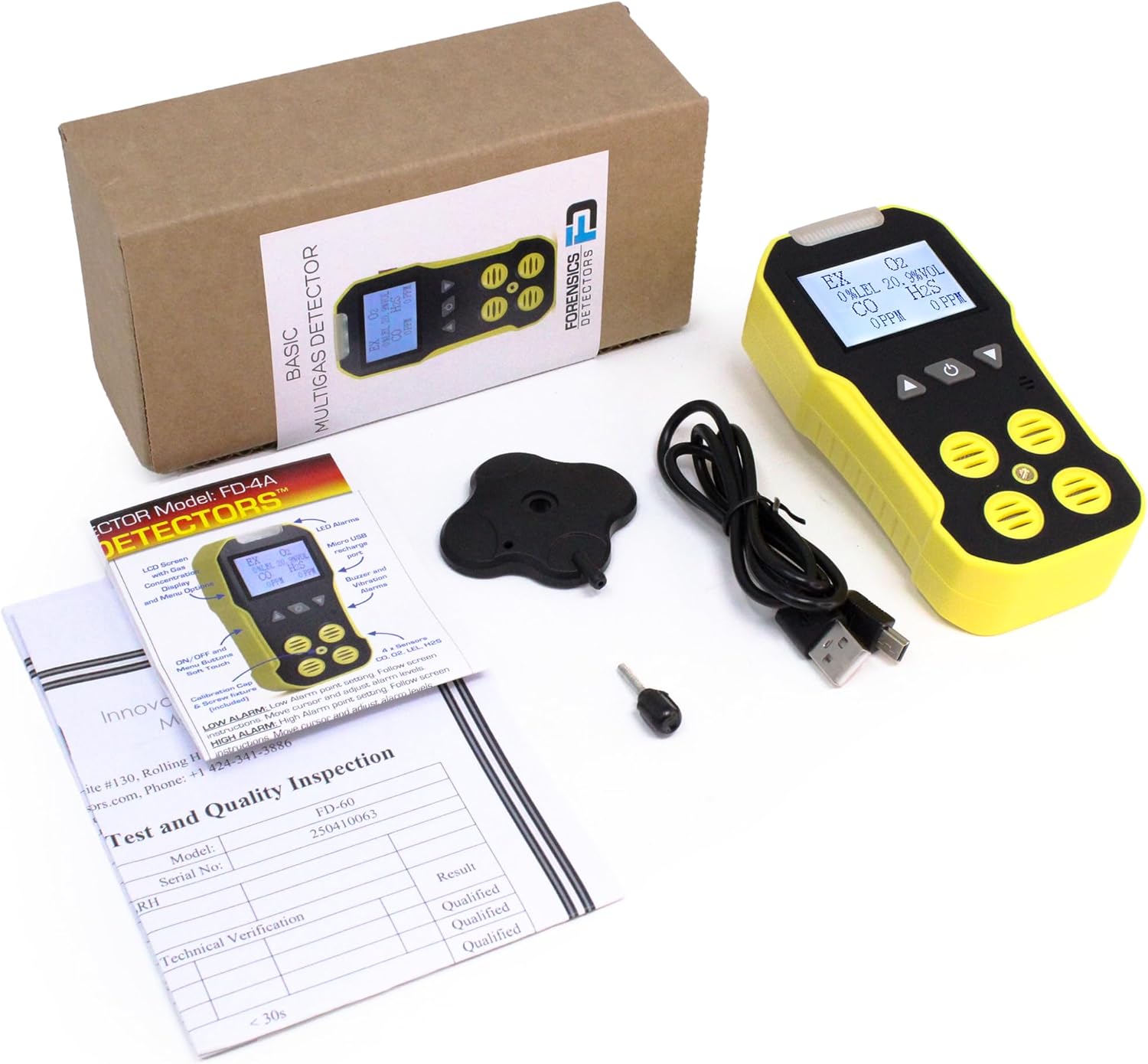 USA NIST Calibrated 4 Gas Monitor by Forensics | O2, CO, H2S, LEL | USB Recharge |