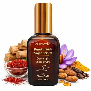 Auravedic Kumkumadi Tailam Night Serum | Ayurvedic Face Oil with Saffron & Vitamin B3 | Plant Based Overnight Moisturizer for Soft, Refreshed Skin | 1.69 Fl Oz 50ml