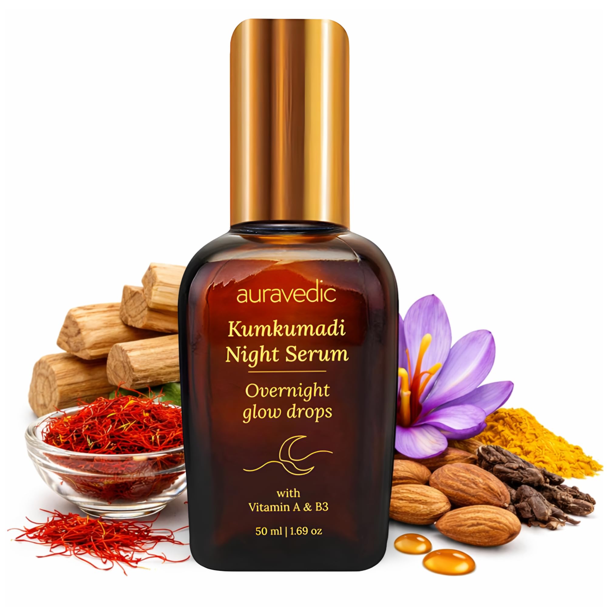 Auravedic Kumkumadi Tailam Night Serum | Ayurvedic Face Oil with Saffron & Vitamin B3 | Plant Based Overnight Moisturizer for Soft, Refreshed Skin | 1.69 Fl Oz (50ml)