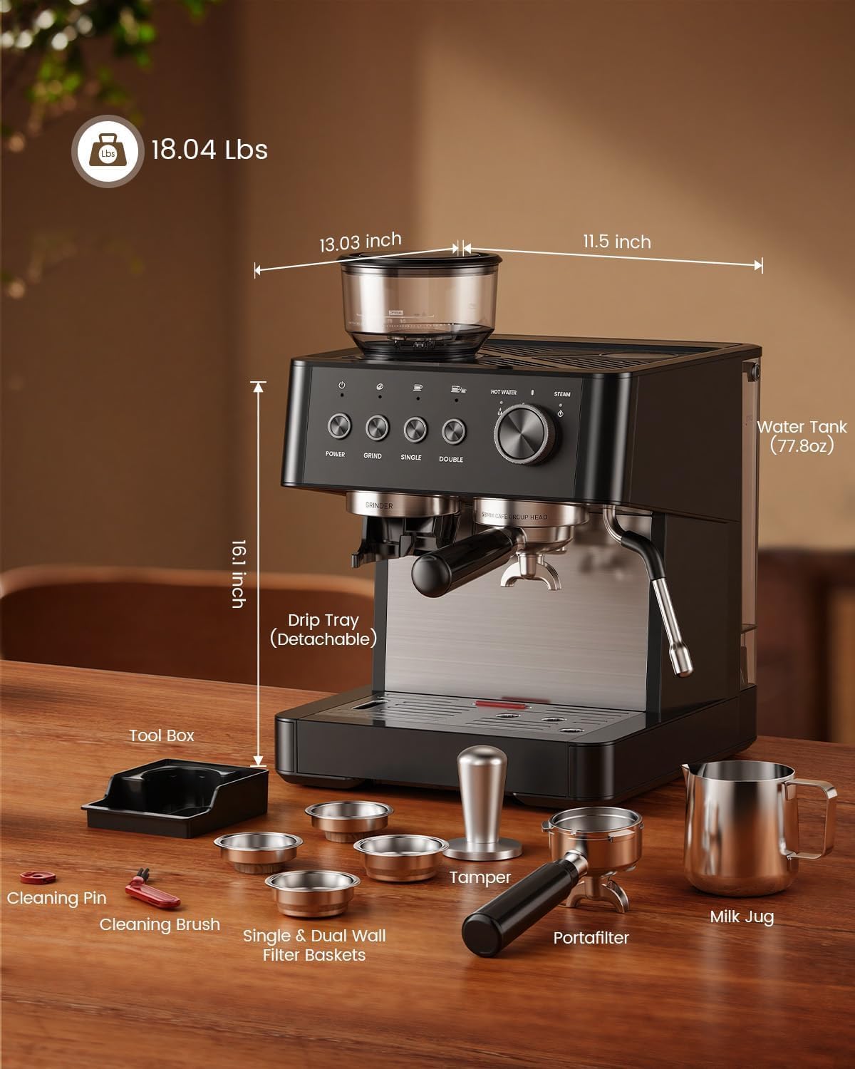 Kismile Espresso Machine with Grinder, 20 Bar Espresso Maker with Milk Frother & 77.8oz Removable Water Tank for Home, Fast Heating Compact Coffee Machine for Cappuccino, Latte - Black