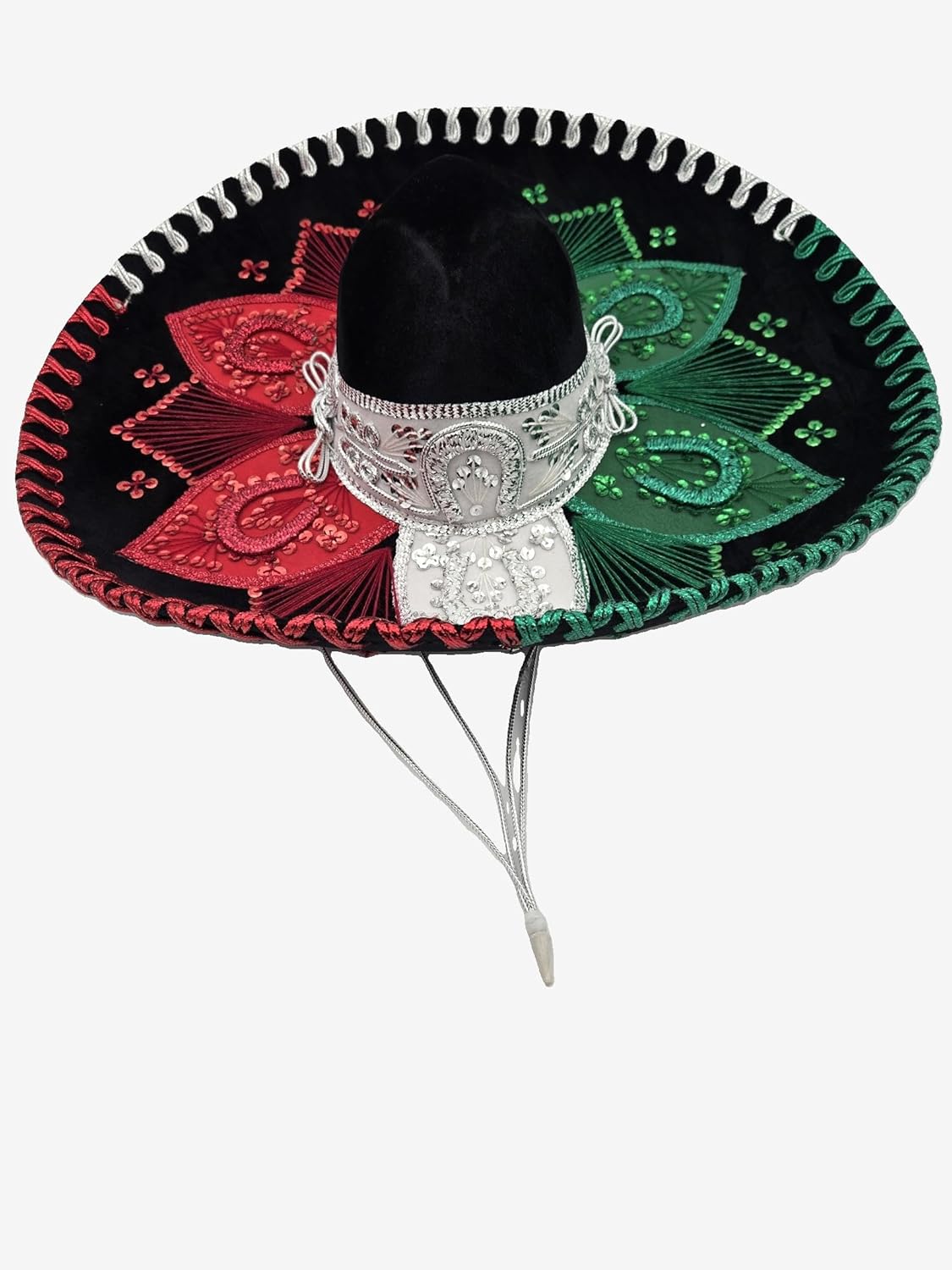 Mexican Mariachi Sombrero Hat, Traditional Charro Style, Black with Red White Green Embroidery - Image 3