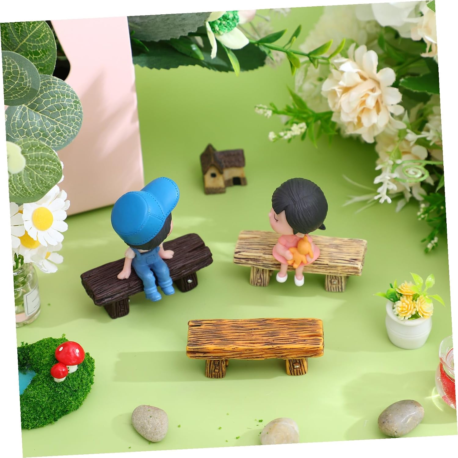6Pcs Mini Resin Stools Decorative Figurines for DIY Home Decor | Imitated Wood Style, Desktop Accent Piece, Micro Landscape Prop, Lovely Retro Craft Set