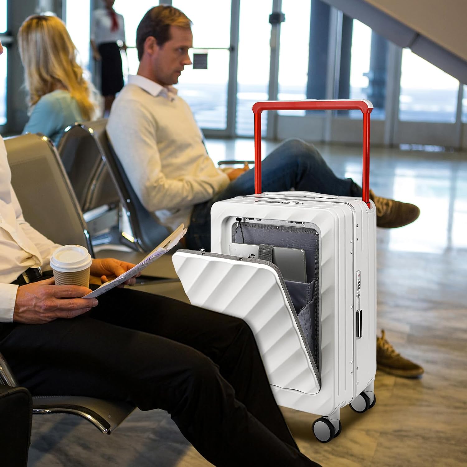 Somago Carry On Luggage Wide Handle 20 Inch Suitcase with Front Compartment Aluminum Framed PC Hardside 22x14x9 No Zipper Business Baggage with Spinner Wheels USB Charging Port TSA Lock (White) - Image 2