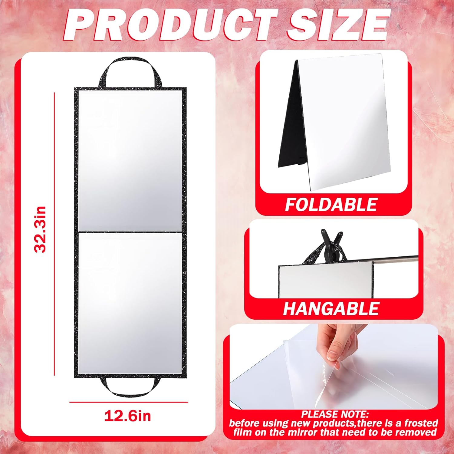 Foldable Full Length Mirror, Hanging Wall Mirror Portable Travel Mirror with Handle for Dance Home Bedroom Wardrobe Stage Makeup Checks Camping Outdoor Use (32.2" L x 12.5" W, Bi-Fold)