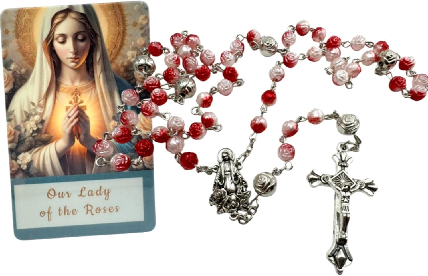 Our Lady of the Rosary Set Rose Shaped Beads with Metal Crucifix Centerpiece and Holy Prayer Card - Image 2
