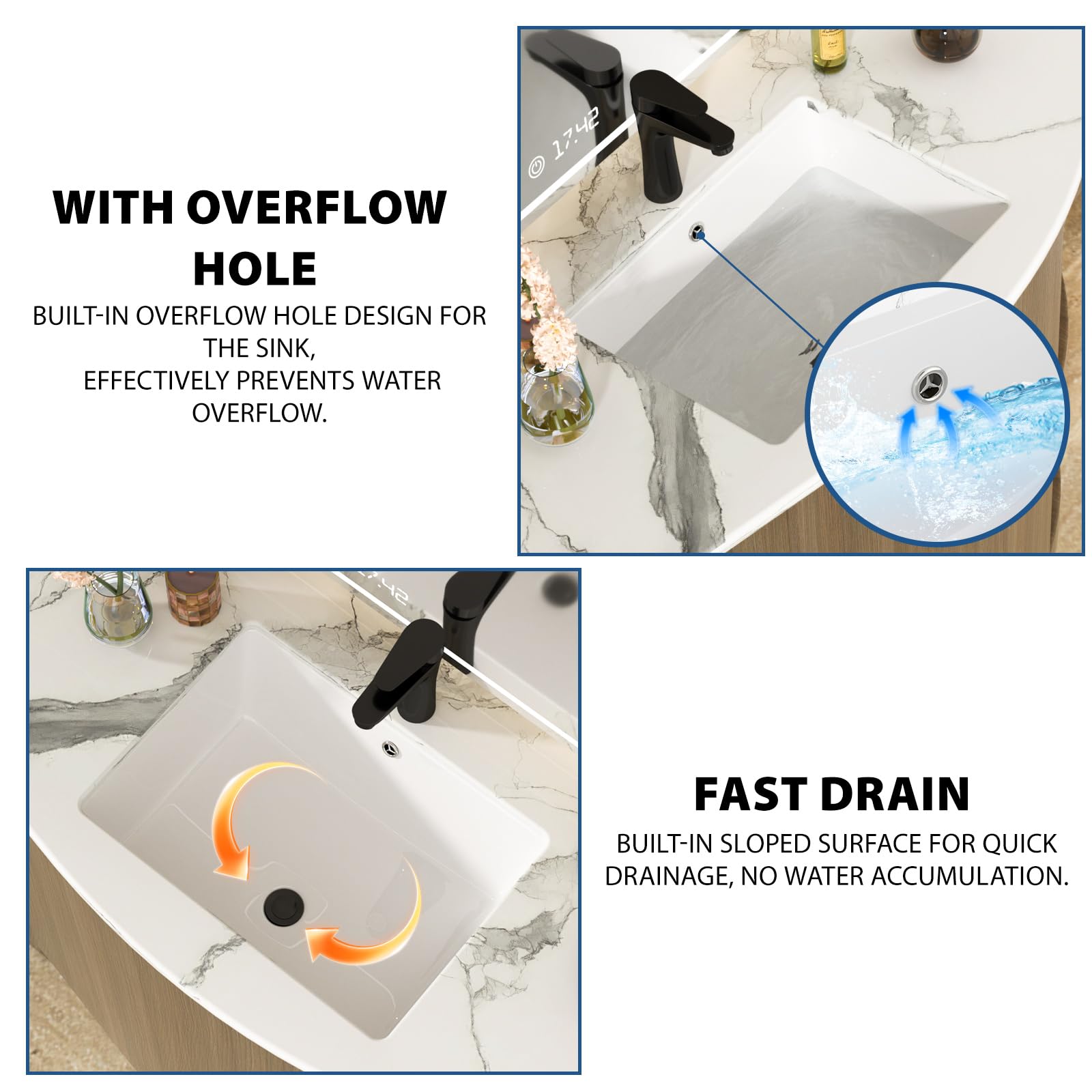 Fregadero de baño de cerámica de 51 x 37 cm, color blanco | Cuenco interior de 45,5 x 31,5 cm, lavabo rectangular de porcelana moderna para debajo del mostrador, fácil de limpiar