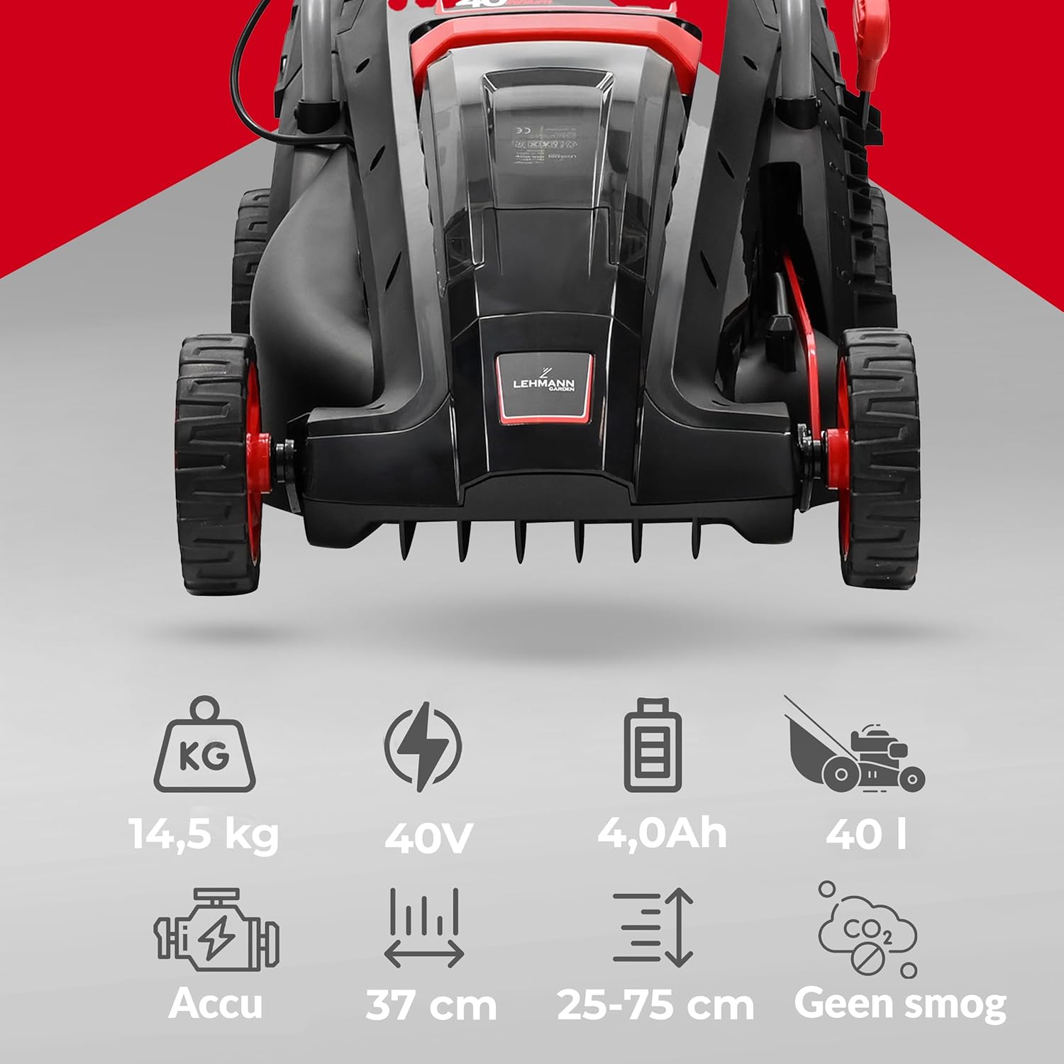 Infographic showing key specifications: 14.5 kg, 40V, 4.0Ah, 40L, Battery, 37 cm, 25-75 cm, No smog