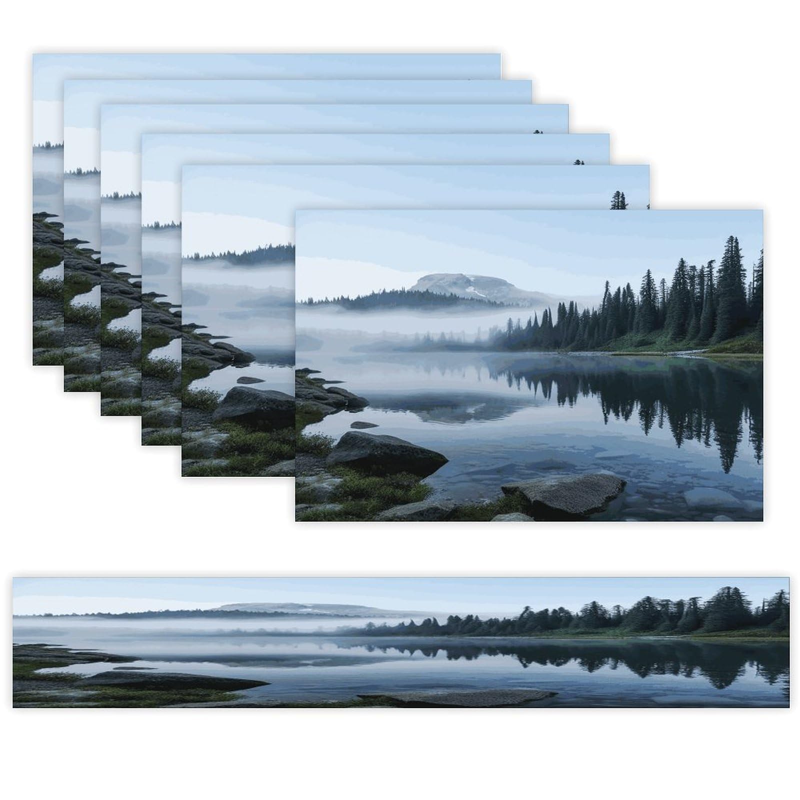 Foggy Lake by Mount Rainier Table Runner and Placemats Set of 6 for Kitchen Washable Table Mats Heat Resistant Place Mats Non-Slip Place Mat Wipeable Placemat(6 Placemats+1 Table Runner)