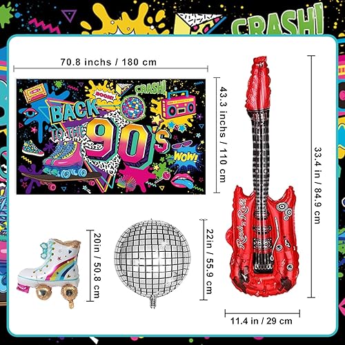 Miniatura 3 de 90s Birthday Party Decorations Includes Backdrop, Honeycomb Centerpieces, Banner, Hanging Swirls, Foil & Latex Balloons for 80s 90s Party Decorations