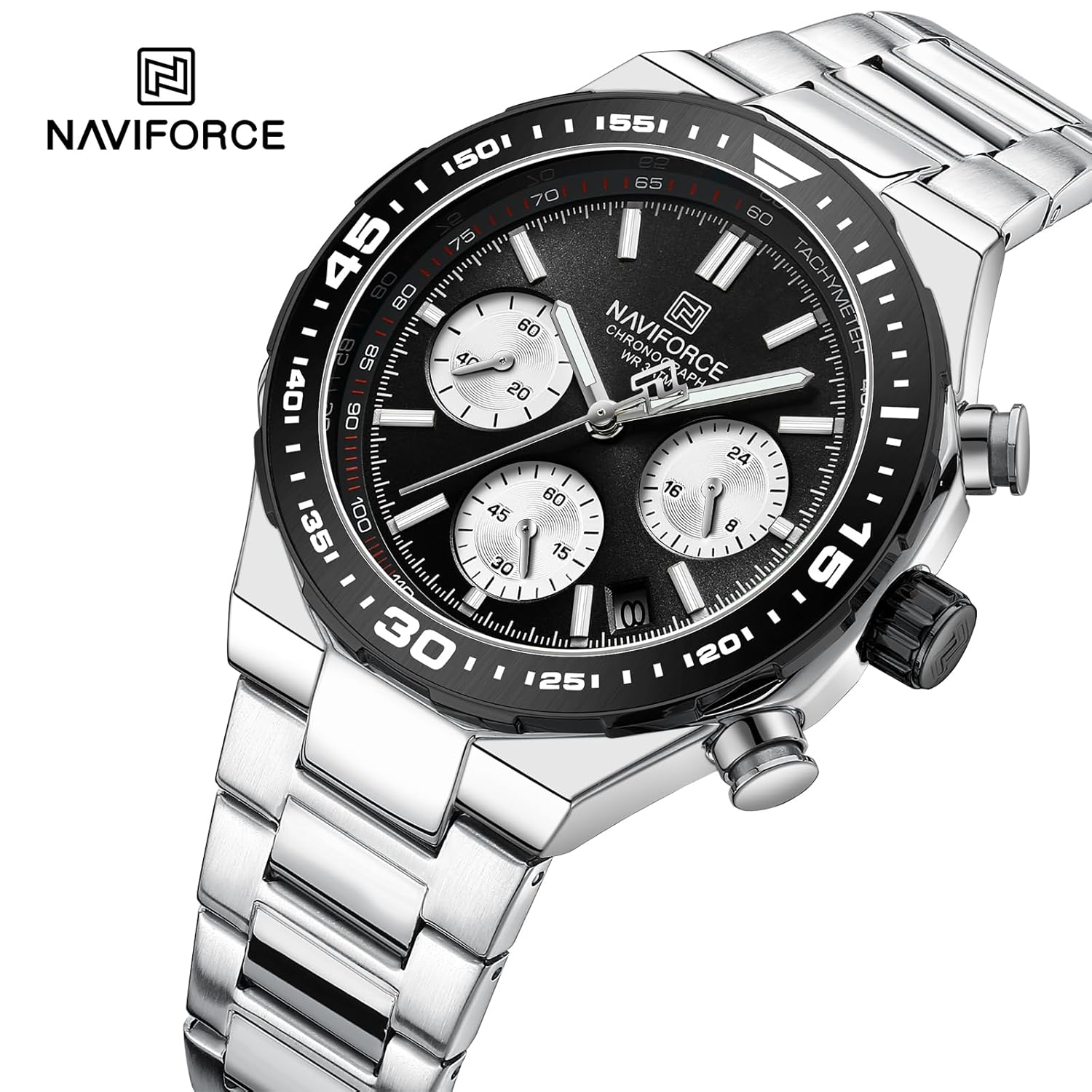 Close-up of NAVIFORCE NF8049 watch dial with chronograph sub-dials