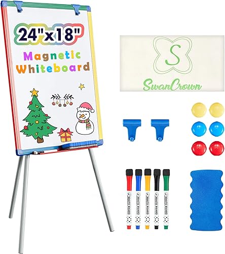 Pizarra blanca de borrado en seco para niños, caballete de arte de 24 x 18 pulgadas para niños, trípode magnético, caballete de arte y pizarra
