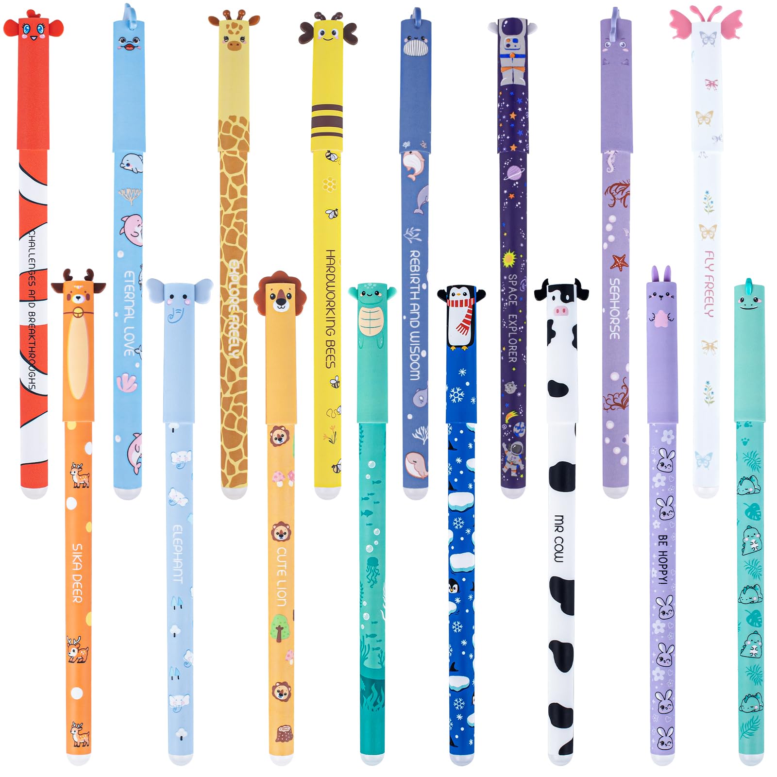 16Pcs Cute Erasable Gel Pens, Cartoon Animal Gel Pen, Range of ink colours & barrel designs, Animals Design, Erasable Pens for Women Girls Boys Office Supplies School Supplies (Panda+Beluga whale)