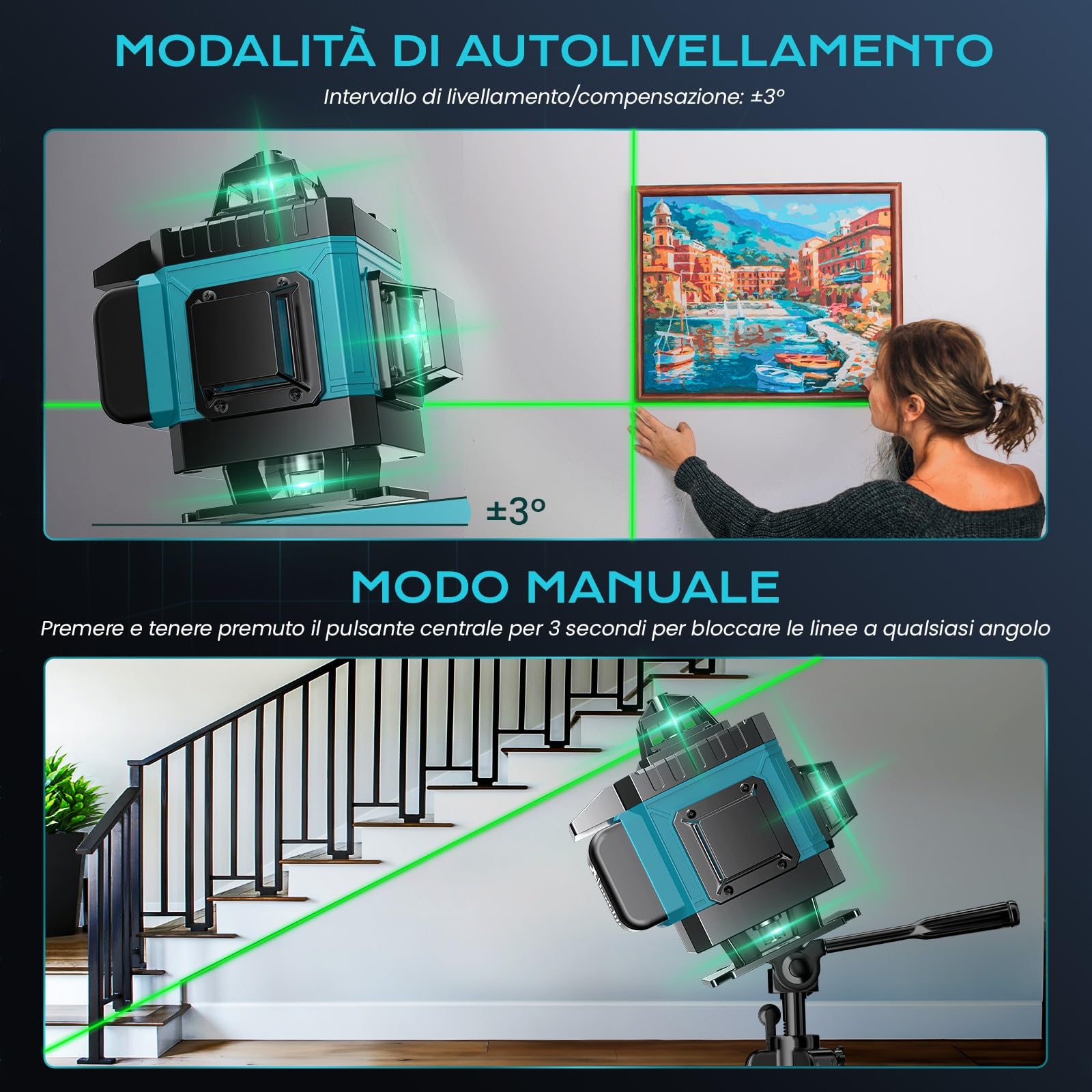 Livella Laser Autolivellante 16 Linee, 4 X 360 °Livello Laser Autolivellante Blu, 2 x Batterie, Autolivellante, Supporto rotante, Telecomando Cabina di rilevamento