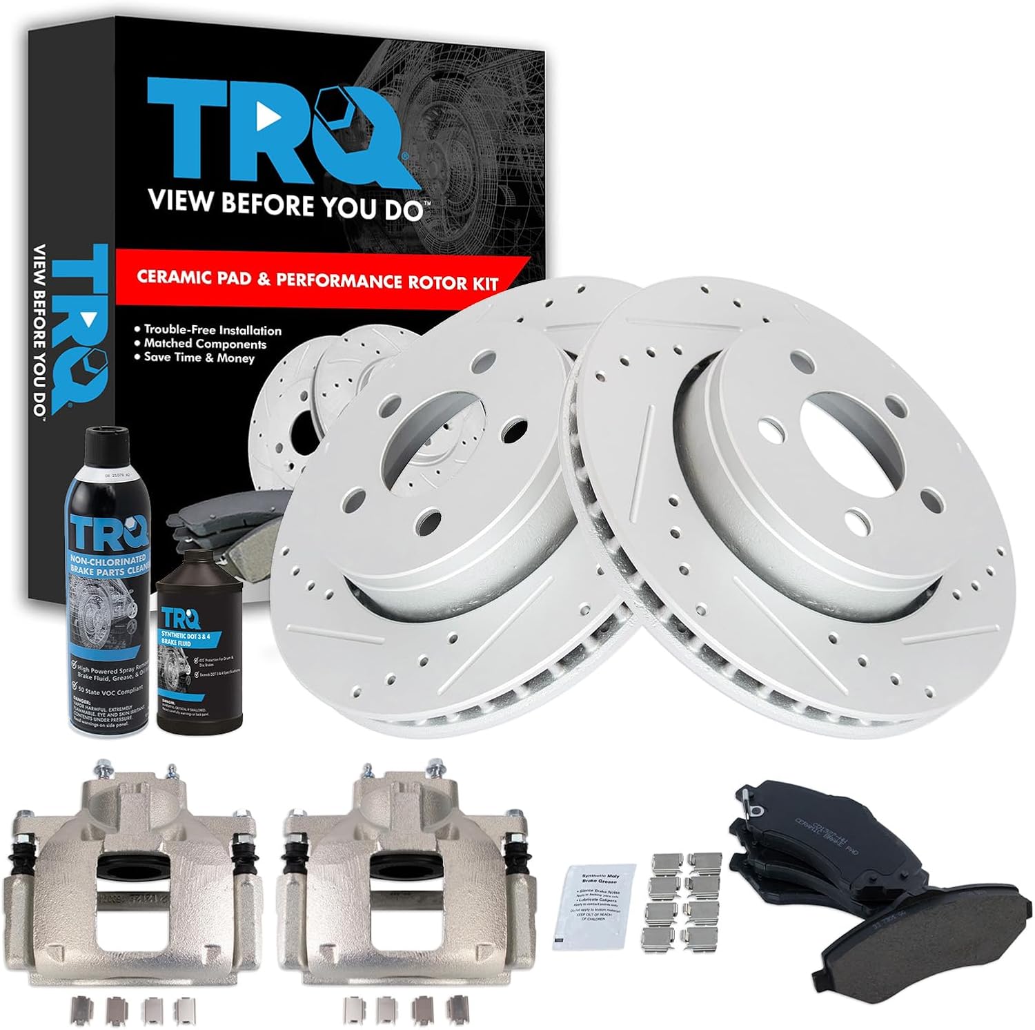 TRQ Front Performance Brake Pad & Rotor Kit Brake Caliper Brake Chemical Kit Brake Pads Brake Rotors Set Ceramic Premium G-Coated Compatible with 2007-2010 Dodge Nitro 2008-2012 Jeep Liberty