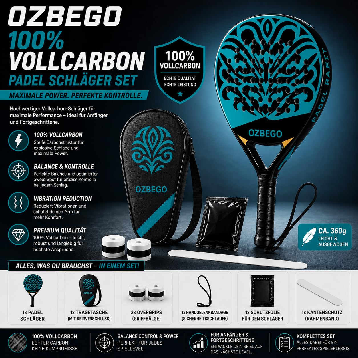 Pala de pádel de carbono completo con funda, 2 overgrips, muñequera y protector de pantalla – Ligero y duradero – Para principiantes y avanzados