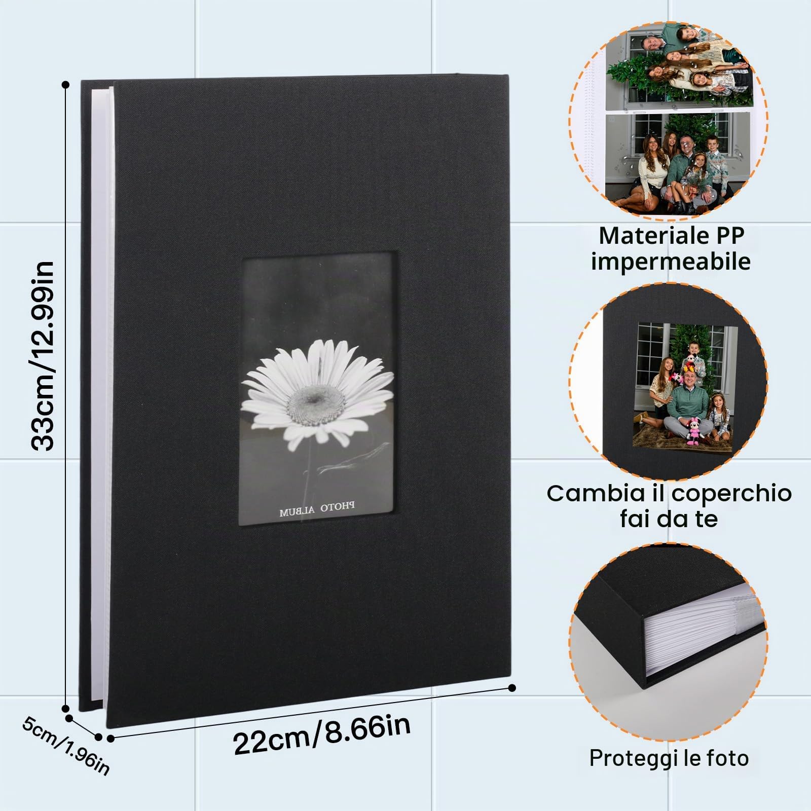 Album Fotografico 10x15 cm 300 Foto - Copertina in Lino Nero con Finestra Frontale, 50 Fogli (100 Pagine), con Superficie di Scrittura - per Matrimonio, Famiglia, Viaggi.