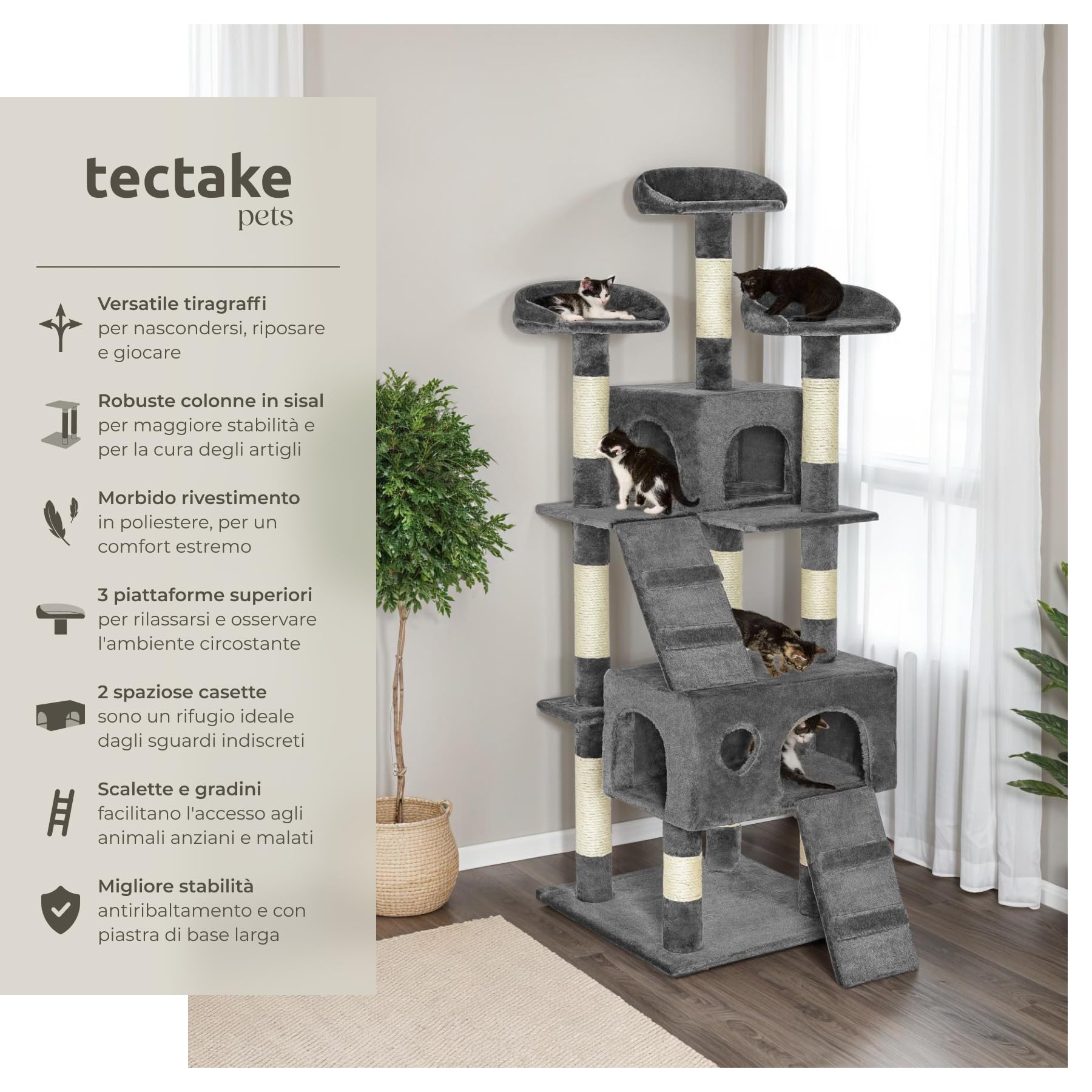 tectake® Tiragraffi per Gatti con Casette, Tiragraffi Gatto con Piattaforme e Colonna Grattatoio, Albero per Gatti Altezza 170 cm, Torre Gatti per Interni, Casa per Gatti - Grigio
