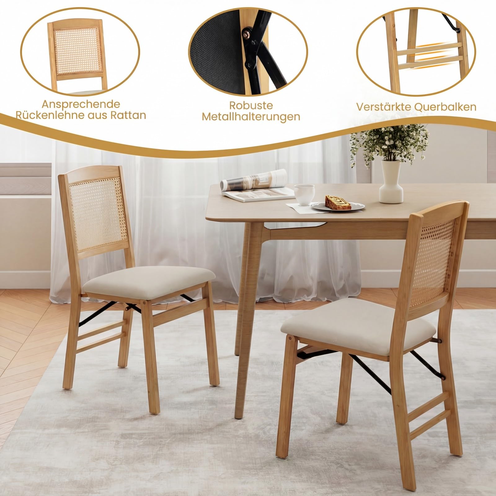 COSTWAY Klappstühle 2er Set, Rattan Esszimmerstühle mit gepolsterten Sitzen & Massivholzrahmen, Küchenstühle klappbar, armlose Polsterstühle bis 180 kg belastbar, für Esszimmer, Küche, Wohnzimmer