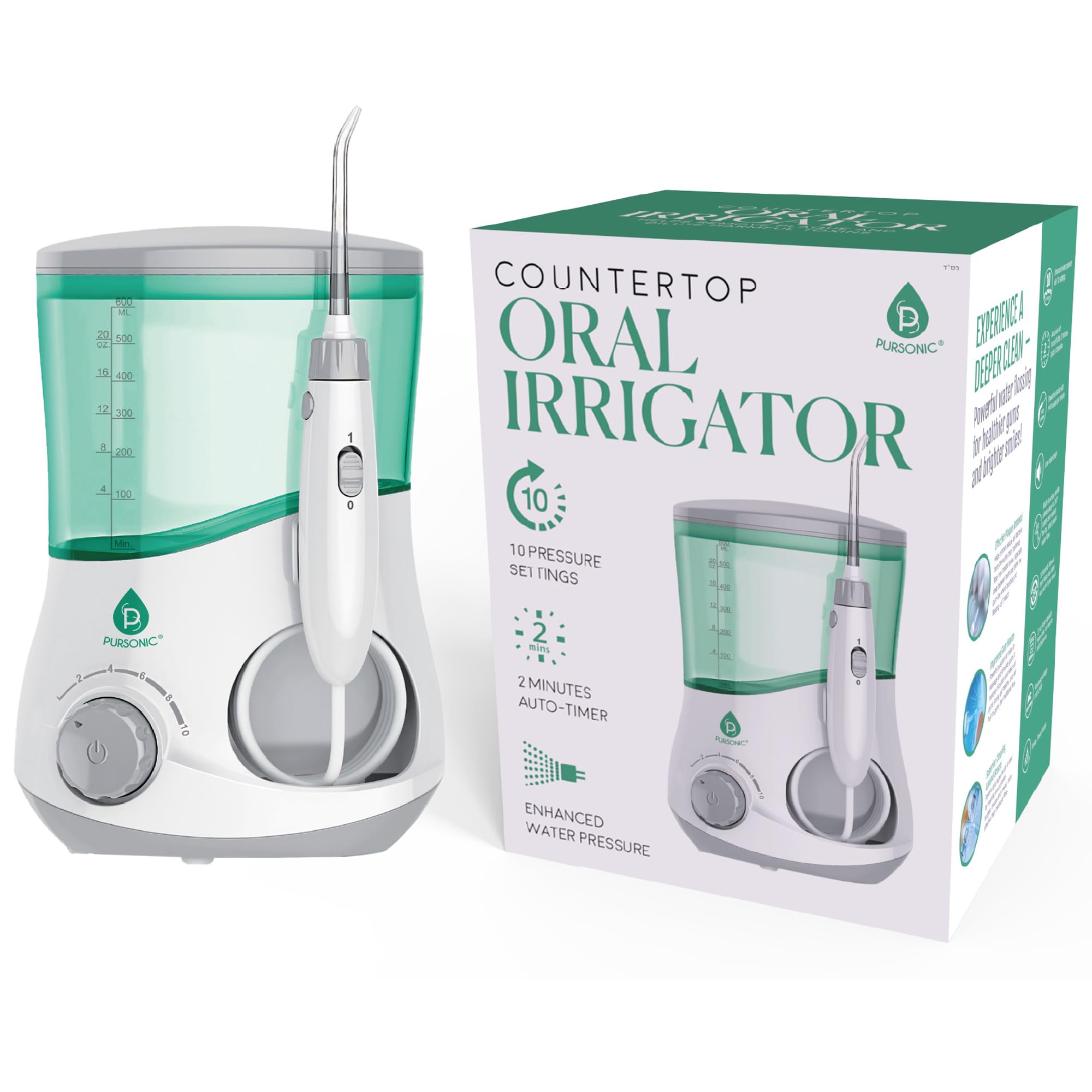 Pursonic OI-200 Professional Water Flosser for Teeth with 3 Nozzles - Bonus Tongue Scraper Multiple Pressure Settings -