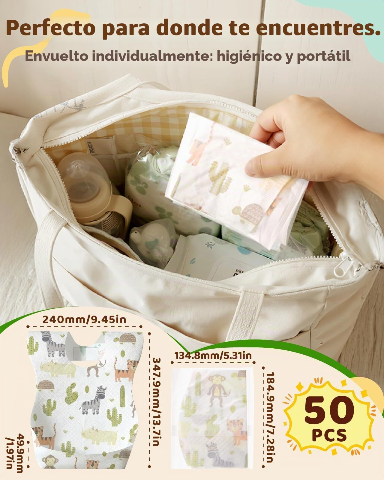 Lictin Baberos Desechables Bebe-20/50pcs baberos bebe impermeables,envuelto Individualmente,Suaves, portátiles y ajustables,con diseños de animales,aptos para uso en interiores y exteriores(0-5años)