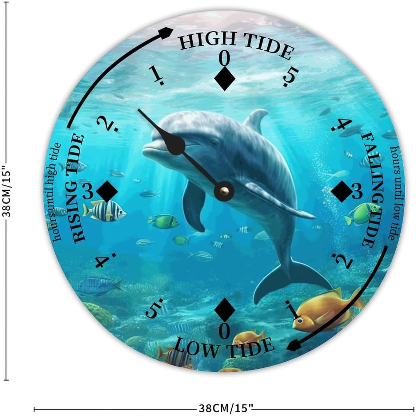 Cheyan Dolphin Tide Clock Silent Non-Ticking Battery Operated Wooden Moon Nautical Tide Movement Clock for Sailing Living Room Restaurant Home Decor Wood Wall Art 15x15 in