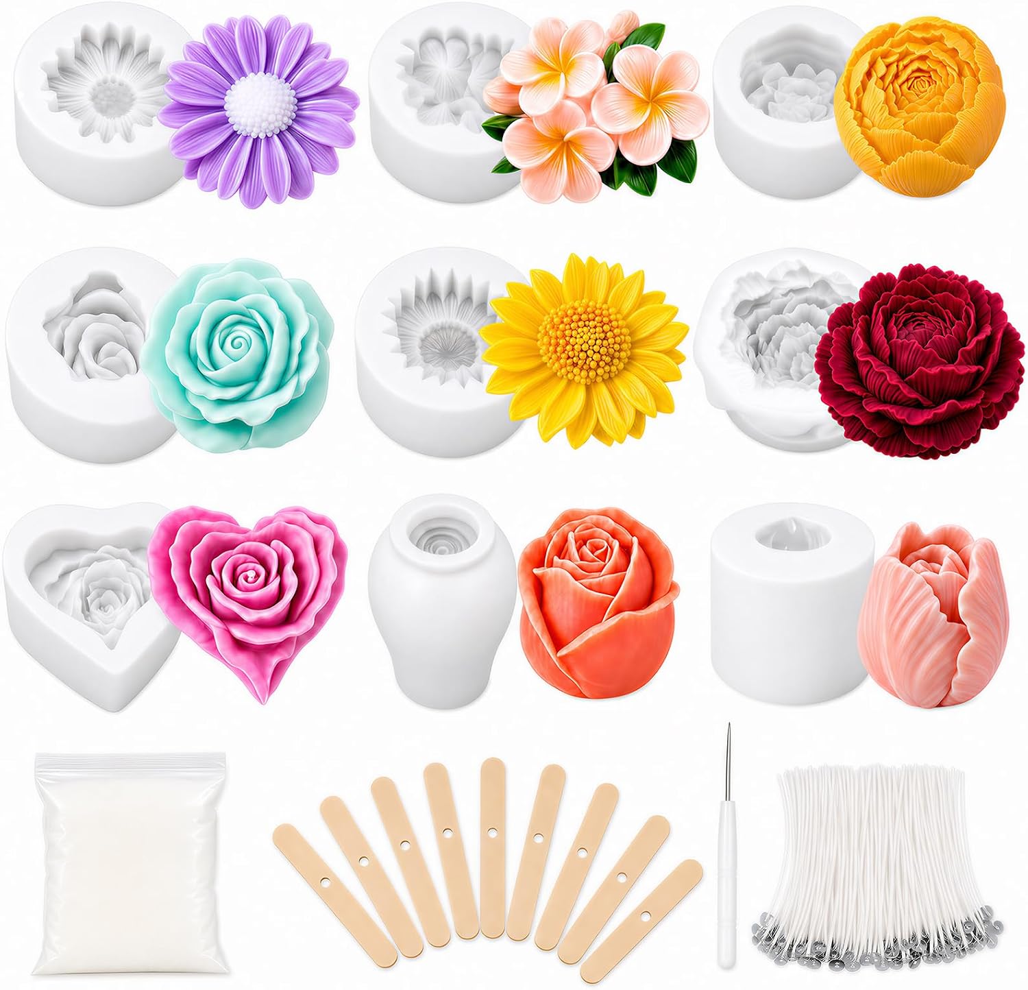 Defresit 13 Pcs Flower Candle Molds Set, Reusable Rose Tulip Daisy Candle Making Molds, Flower Silicone Mold Making Kit for Candles, Soaps, Resin Crafts, DIY Craft Gift for Mother’s Day, Beginners
