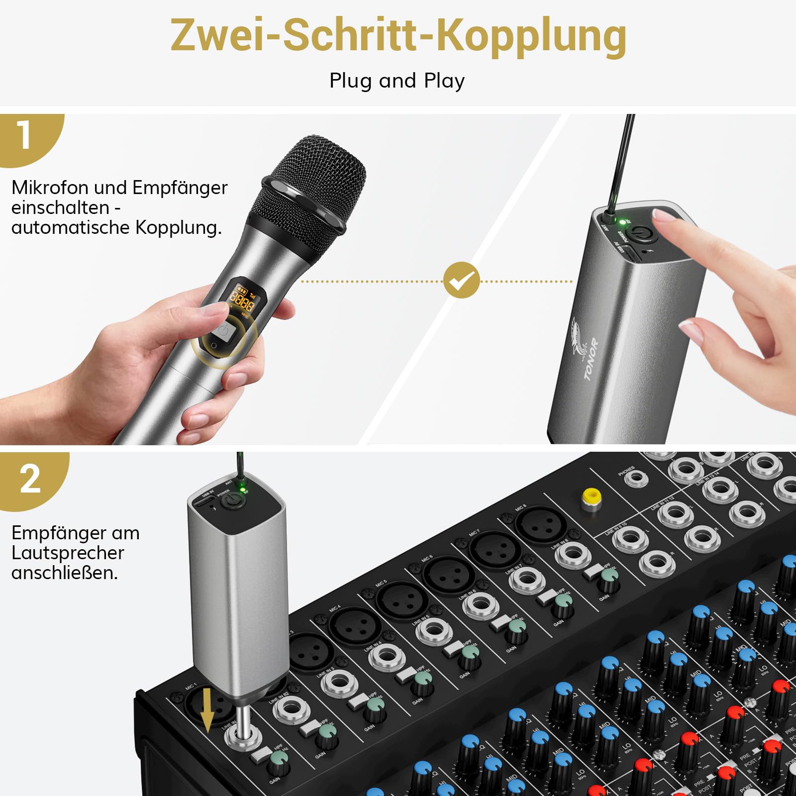 TONOR Wireless Microphone Kabellos, Drahtloses UHF Mikrofon Set für Karaoke 60 m Reichweite, Kabelloses Funk Handmikrofon Dynamisch mit 6,35 Klinke Anschluss für Partybox, DJ, Kirche,TW620, Grau