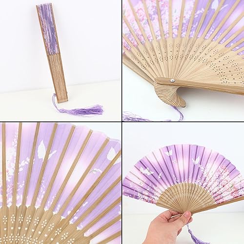 Miniatura 3 de JOHOUSE 4 abanicos plegables de tela floral con borla, elegantes abanicos de boda para invitados, ventilador plegable chino, ventilador de mano