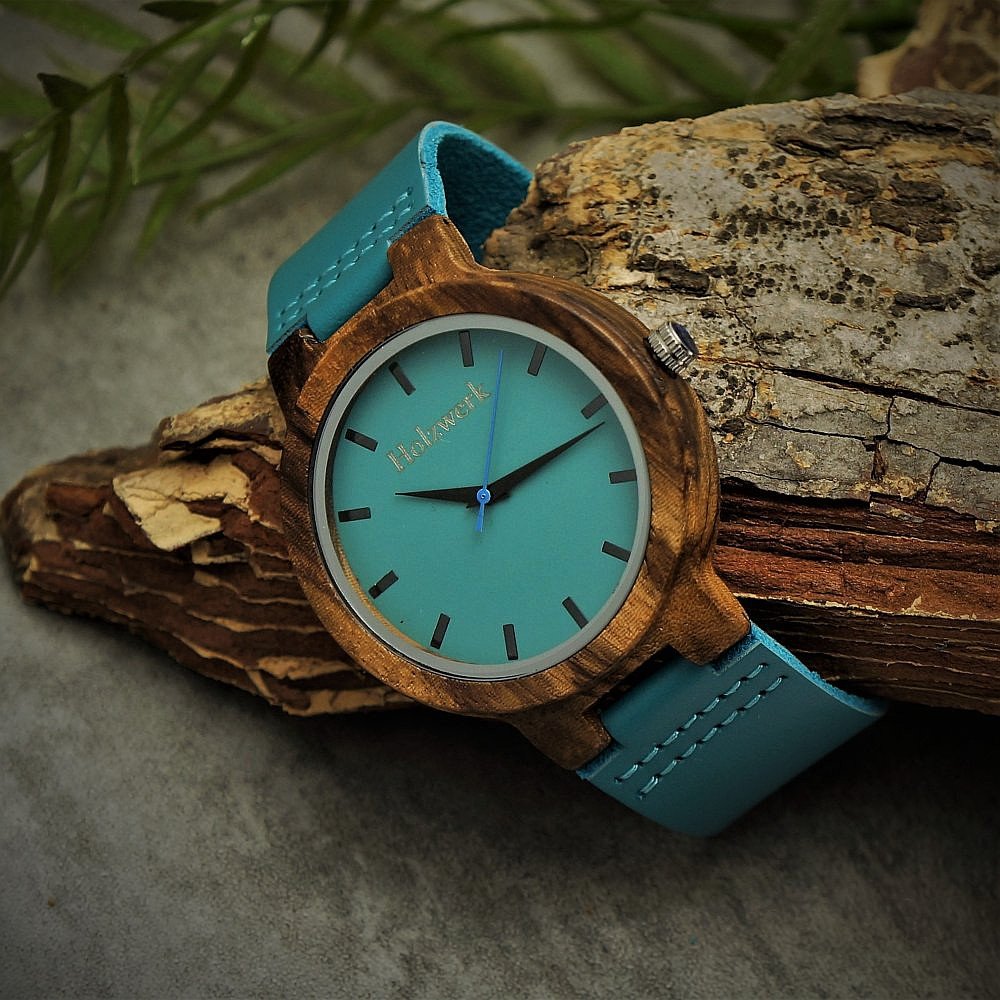 Holzwerk Germany Ręcznie wykonany designerski zegarek damski zegarek męski ekologiczny naturalny drewniany zegarek skórzany zegarek analogowy klasyczny zegarek kwarcowy niebieski turkusowy