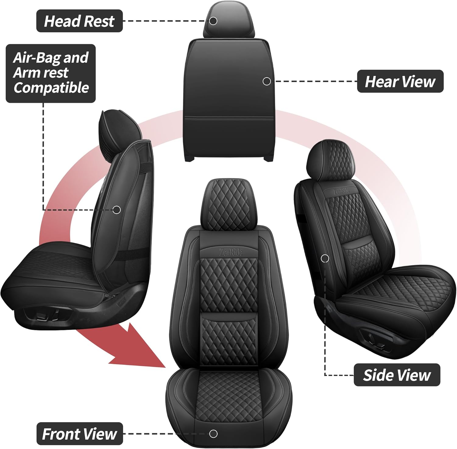 Front Automotive Seat Covers 2PCS,3D Design with Lumbar Support Waterproof Nappa Leather Automotive Seat Covers & Accessories for SUV Truck Sedan,Universal Anti-Slip Car Seat Covers,Style2 Black