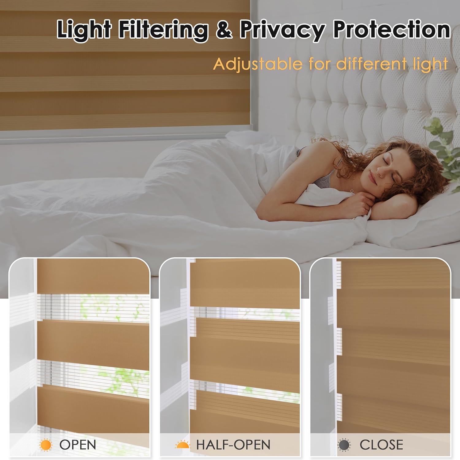 LazBlinds Cordless Dual Layer Zebra Blinds for Windows, Light Filtering Privacy Roller Shades with Cassette, Light Control Day and Night Sheer Shades for Indoor Windows, 34 1/2" W x 72" H, Brown