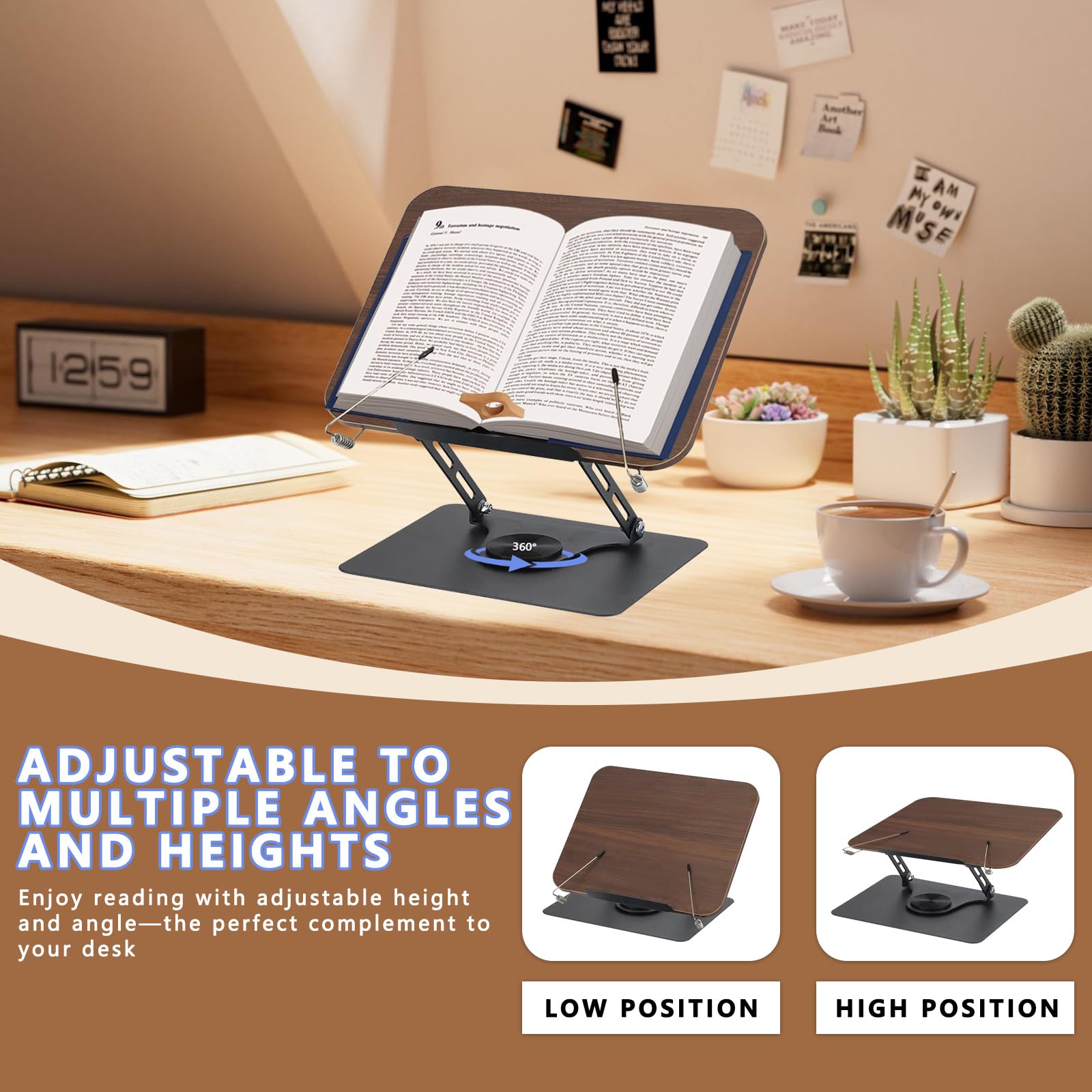 Leggio Girevole 360° Regolabile in Altezza | Supporto Libro e Tablet con Base in Metallo Stabile e Angoli Multiregolabili | Anello Fermapagina in Faggio | Per Lettura, Studio e Ricette