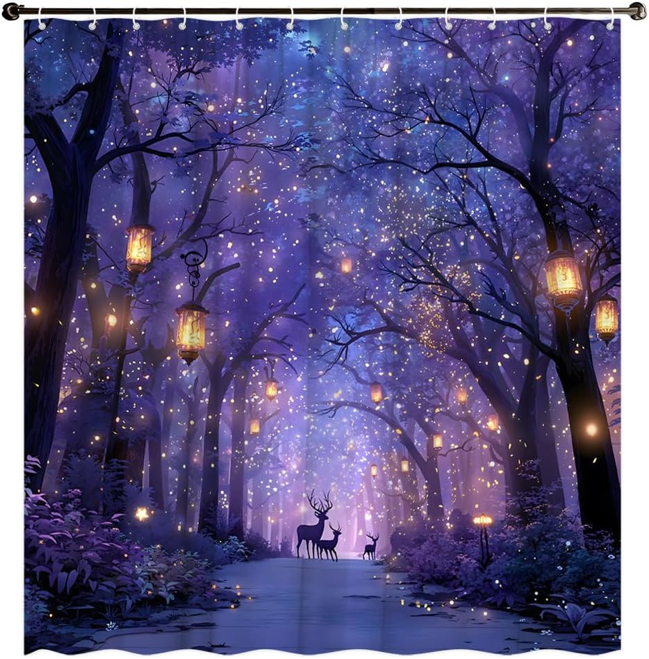 Enchanted Forest Deer Shower Curtain Glowing Lanterns Fireflies Magical Night Sky Magical Forest Path Fantasy Dreamy Nature Farmhouse Country Rustic Decor Curtain 70" Wx90 H Polyester Fabric
