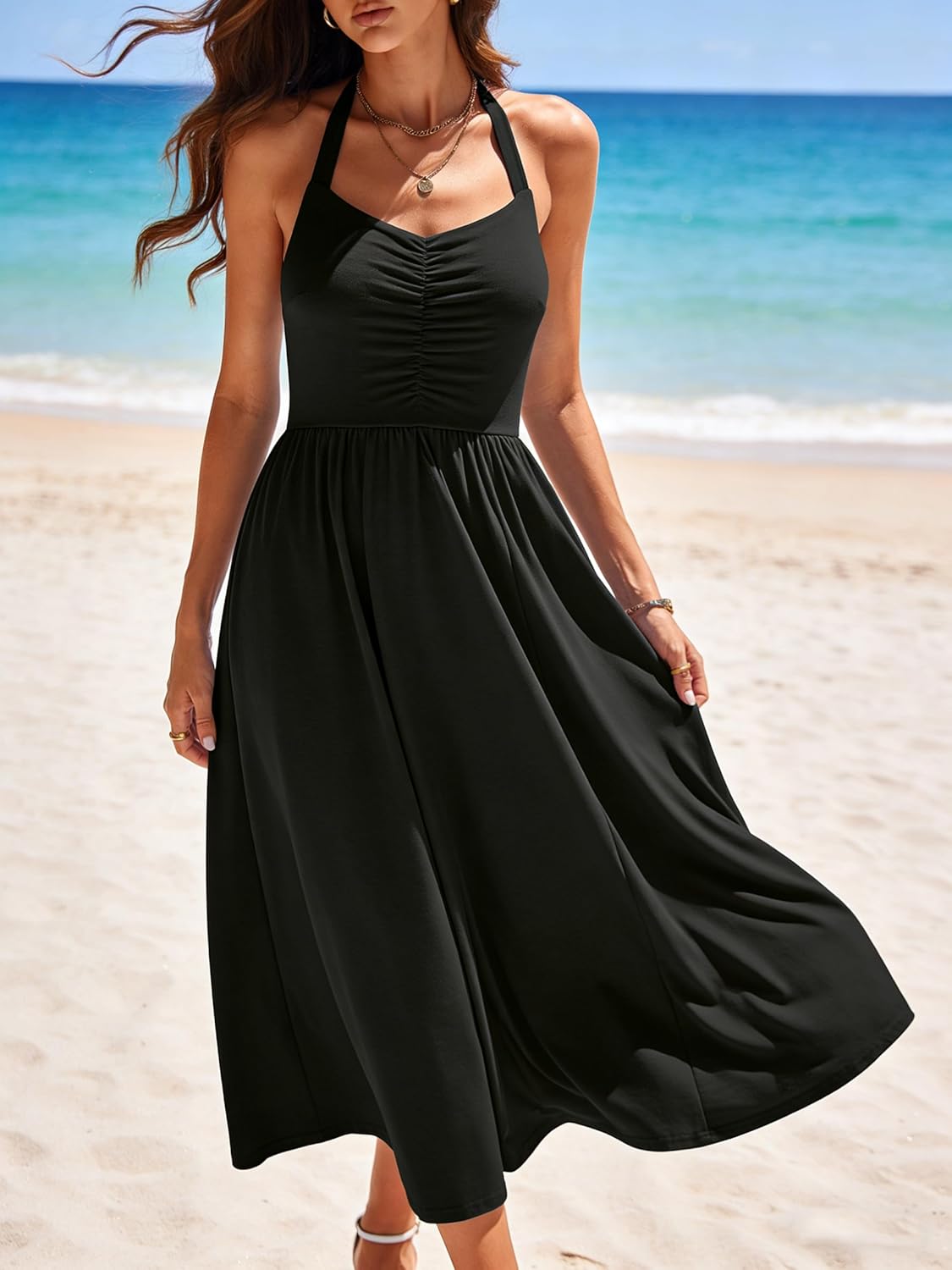 YATHON Women's Halter Floral Midi Dress Ruched Backless Flowy A Line Summer Beach Wedding Guest Dresses with Pockets - Image 3