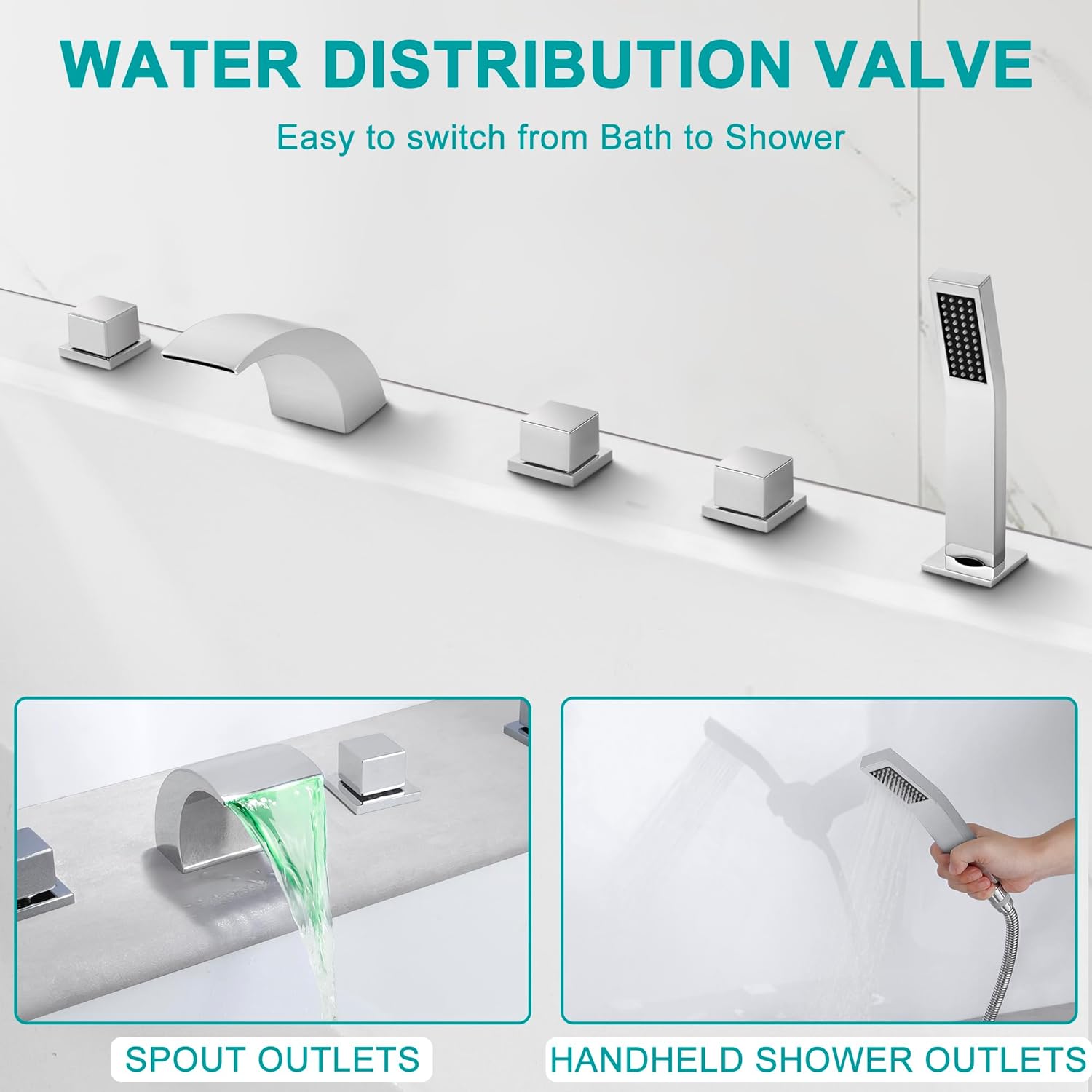 SKOWLL Waterfall Bathtub Faucet Deck Mount Tub Filler with Sprayer Polished Chrome 5-Hole Set with LED Spout and Handheld Shower