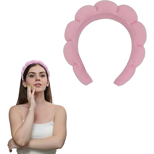 Pink Spa Headband, Soft Terry Towel Makeup Headband for Washing Face, Puffy Skincare Facial Headband with High Water Retention, Versed Bubble Headband for Women (1 Count, Pack of 1)