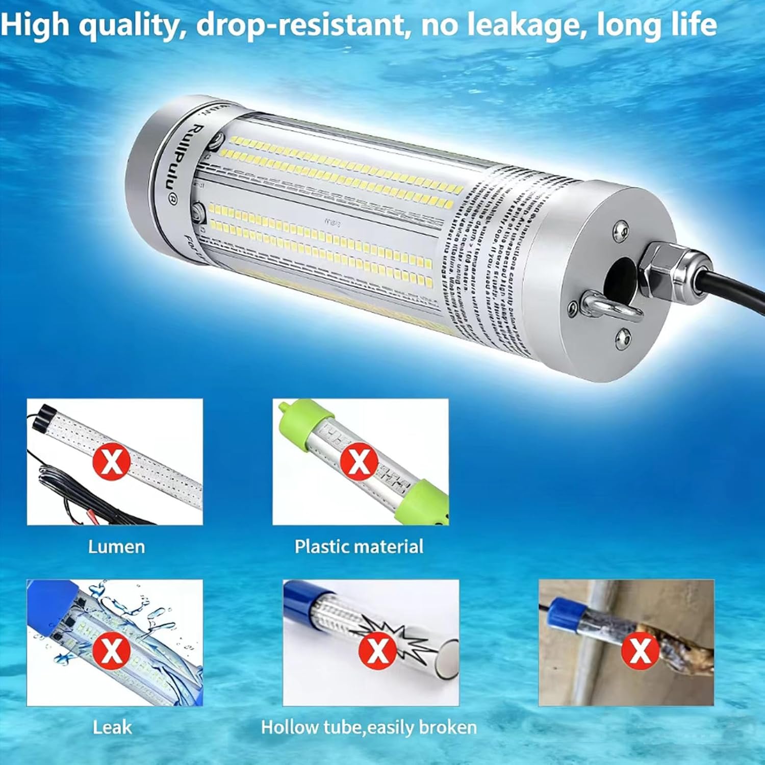 Underwater Fishing Light, 300W 36000lm Super Bright, 12V-24V LED Submersible Lamp Attractants for Docks Boats Kayaks, IP68 Rated for Fresh & Salt Water
